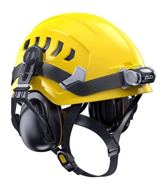 Yellow Safety Helmet with Earmuffs & Headlamp